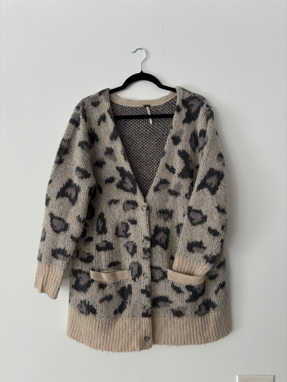 Free People Womens M Leopard Print Oversized Longline Cardigan Sweater Fuzzy